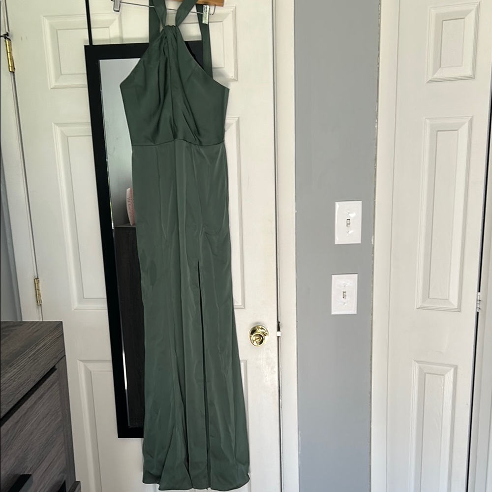 Azazie Green Halter Jumpsuit with Flowing Wide Legs